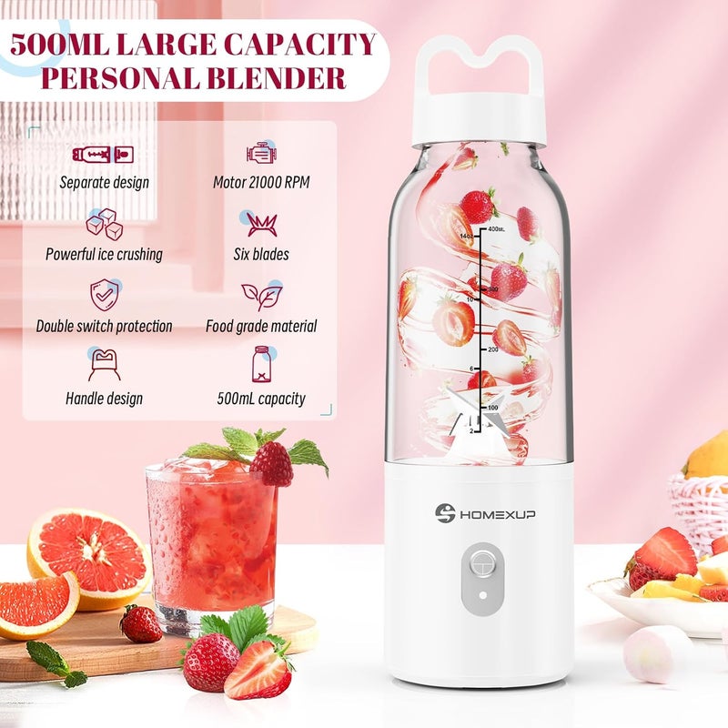 HOMEXUP Portable Personal Blender 17 OZ/500 ML Juicer, 175W Personal Size Blender, Ideal for Smoothies, Ice Blending, Juicing, and Food Processing, Compact, Convenient, and Versatile (White) - Image 2